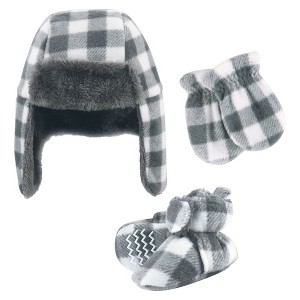 Hudson Baby Trapper Hat, Mitten and Bootie Set, Charcoal White Plaid - 1 of 4