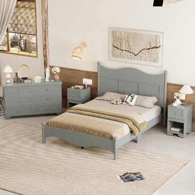 4-Pieces Retro Style Bedroom Sets, Queen Size Platform Bed with Elegant Design, Storage Nightstand and Dresser with Metal Handle