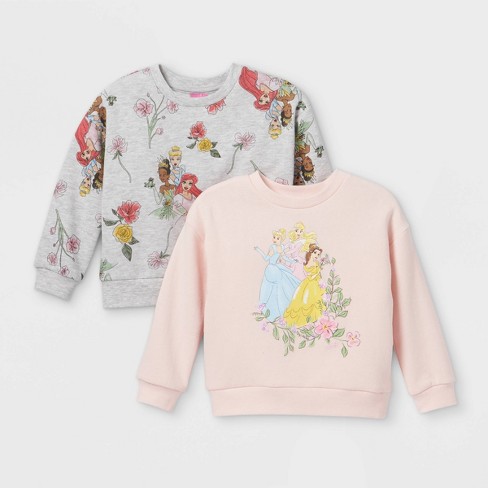 Toddler Girls 2pk Disney Princess Fleece Crew Neck Pullover Light Pink Gray 3T