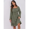 Long Lantern Sleeve Swing Dress with Square Neck & Ruffle Hem, Elastic Waist A-Line Short Dress for Women, Fall Fashion Army Green - 4 of 4