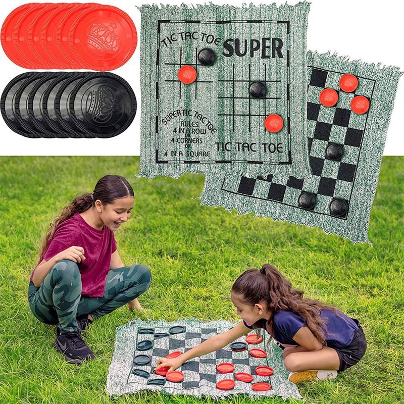 Syncfun 3-in-1 Vintage Giant Checkers and Tic Tac Toe Game with Reversible Mat, 24 Chips, Family Board Game, Lawn Game, 1 of 8
