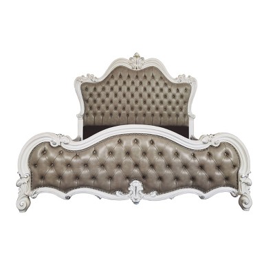 Versailles Vintage Gray Queen Bed with Tufted Upholstery and Nailhead Trim
