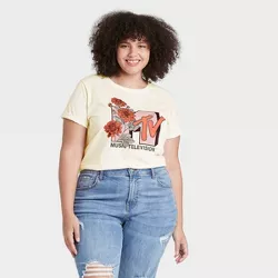 Women's MTV Floral Print Plus Size Short Sleeve Graphic T-Shirt - Ivory 3X