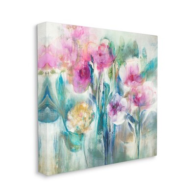 Delicate Rainy Flowers Pink Peonies Abstract Canvas Wall Art, 17 x 17