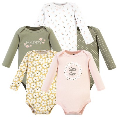 Image of Hudson Baby Infant Girl Cotton Long-Sleeve Bodysuits, Sage Floral Wreath 5 Pack, 6-9 Months