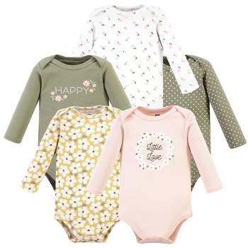 Hudson Baby Infant Girl Cotton Long-Sleeve Bodysuits, Sage Floral Wreath 5 Pack