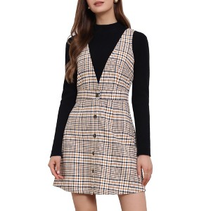Allegra K Women's V Neck Gingham Check Pinafore Overalls Suspenders Plaid Print Dress - 1 of 4
