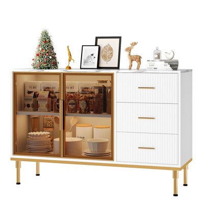 Fluted Sideboards Buffets Cabinet with Glass Doors, 3 Drawers, Marble Top Kitchen Sideboard Cabinet