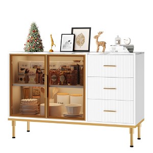 Fluted Sideboards Buffets Cabinet with Glass Doors, 3 Drawers, Marble Top Kitchen Sideboard Cabinet - 1 of 4