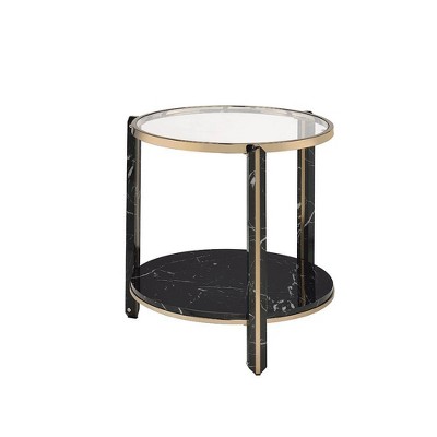 Round Glass and Faux Black Marble End Table with Champagne Trim