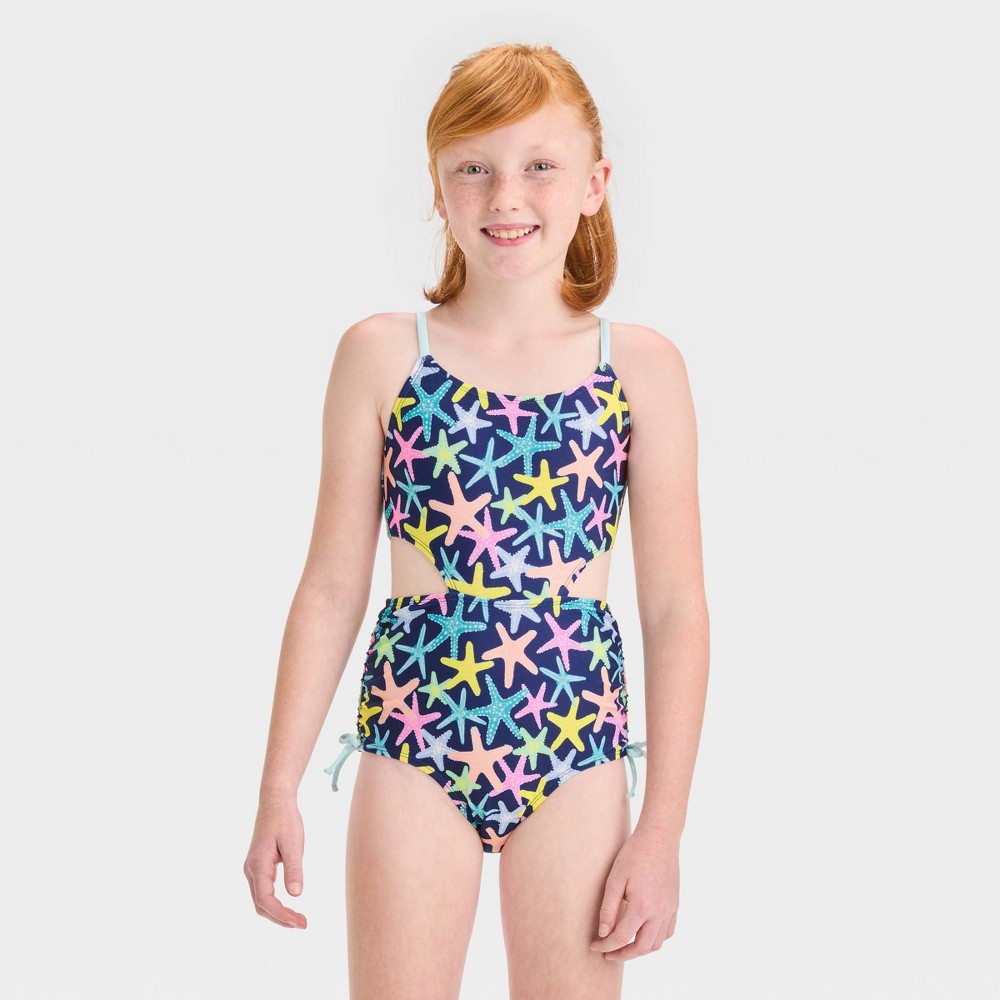 Photos - Swimwear Girls' Starfish Party Printed One Piece Swimsuit - Cat & Jack™ Navy Blue M
