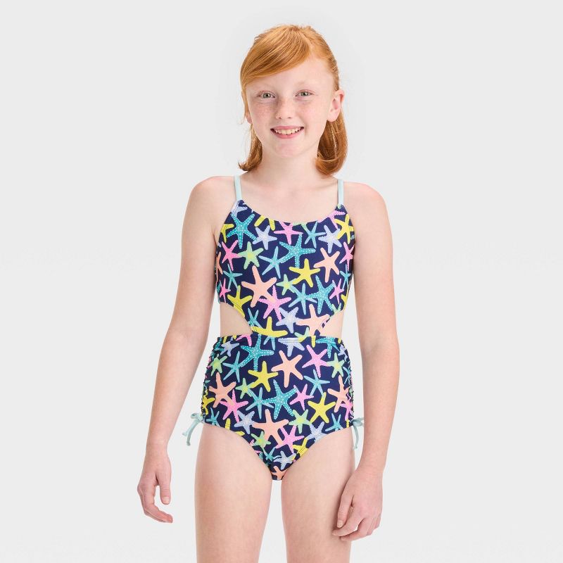 Girls' Starfish Party Printed One Piece Swimsuit - Cat & Jack™ Navy Blue, 1 of 5