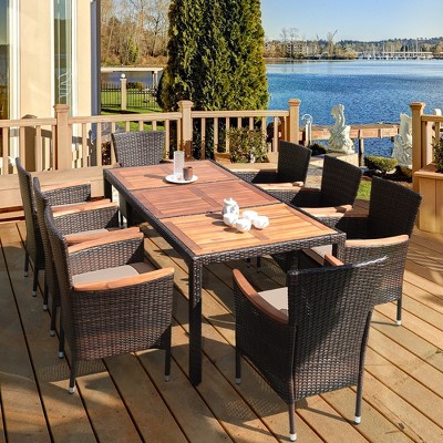 Costway 9pcs Patio Rattan Dining Set 8 Chairs Cushioned Acacia