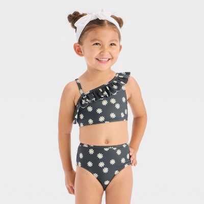 Toddler Girls' Floral Printed One Shoulder Ruffle Bikini Set - Cat & Jack™ Black
