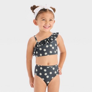 Toddler Girls' Floral Printed One Shoulder Ruffle Bikini Set - Cat & Jack™ Black - 1 of 3