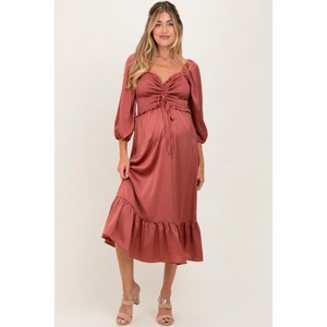 Pinkblush Mauve Satin Smocked Cinched Bust Maternity Midi Dress - 1 of 2