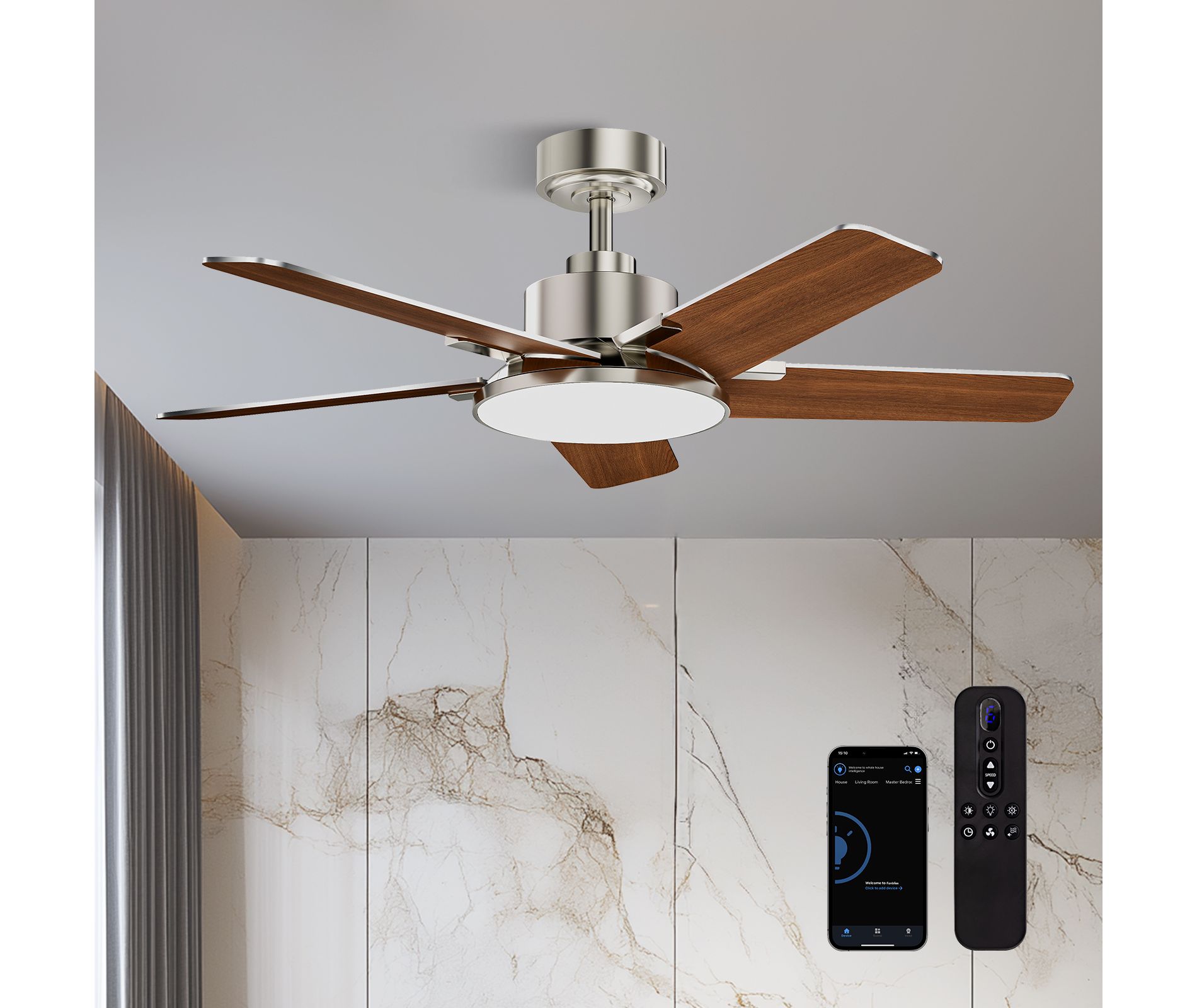 Siljoy 44-in Nickel Ceiling Fan with LED Light and Remote Control Include (5 Blades) For Bedroom Living Room and kitchen