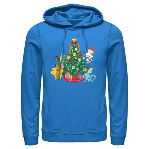 Men s Pokemon Christmas Tree Friends Pull Over Hoodie Royal Blue 2X Large