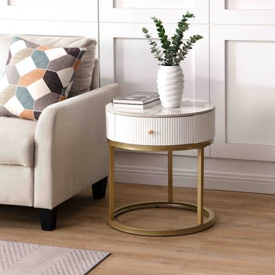 LOVMOR 19.68 Inch Modern Nightstand with Drawer, Marble Round End Table with storage, Side Table for Living Room&Bedroom