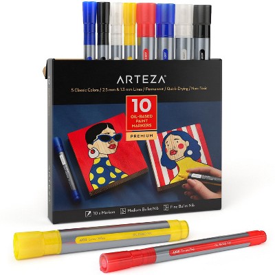 Arteza Oil-Based Markers Bullet-Nib,  5 colors in set (A002 Black, A001 White, A501 Blue, A200 Red, A100 Yellow) - 10 Piece (ARTZ-4186)