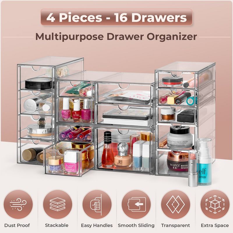 Sorbus 16 Drawers Acrylic Organizer for Makeup, Organization and Storage, Art Supplies, Jewelry, Stationary - 4 Pcs Clear Stackable Storage Drawers, 4 of 7