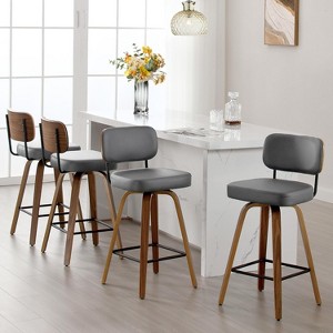 Bekrvio 26"/29" Mid-Century Modern Swivel Bar Stools Set of 1/2/3/4- Faux Leather Upholstered with Back and Bent Wood Legs,Ideal for Kitchen Island - 1 of 4