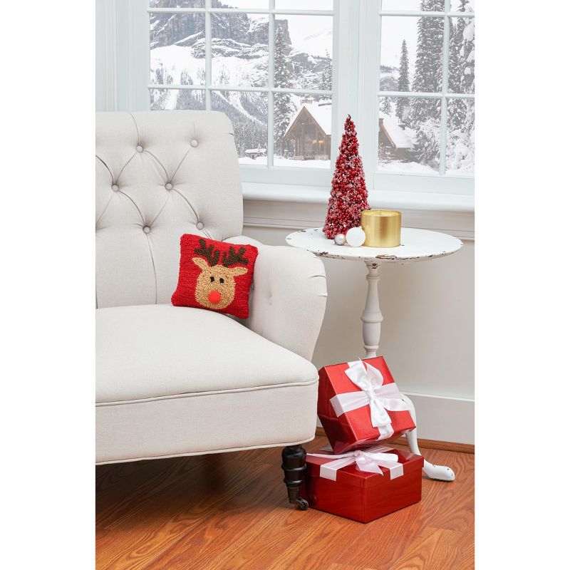 C&F Home 8" x 8" Reindeer Games Reindeer with Red Nose on Red Background Petite Accent Hooked Christmas Pillow, 5 of 7