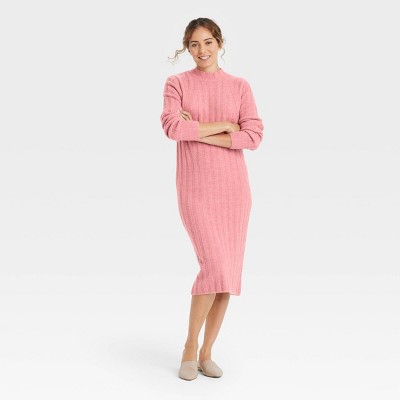 Women's Long Sleeve Rib-Knit Sweater Dress - A New Day™ Pink S