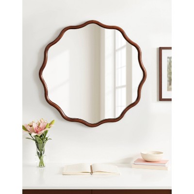 Walnut Brown 30" Round Scalloped Wood Vanity Mirror
