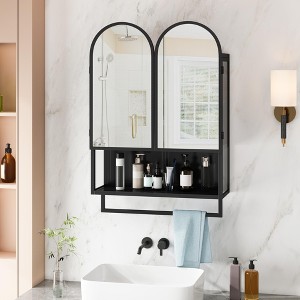 ChicFurnit Bathroom Storage Cabinet Modern Double Arched Mirror Cabinet with Two Doors and Open Shelf for Bathroom Use, Black, 27.17"*16.14"*8.27" - 1 of 4