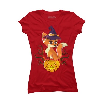 Junior's Design By Humans Cute Witch Fox With Jack O Lantern Halloween Shirt By thebeardstudio T-Shirt