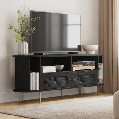 Stead 63" Oval Rattan TV Stand - Supports 32 to 65" TVs - Soft-Close Cabinet Doors (Black)