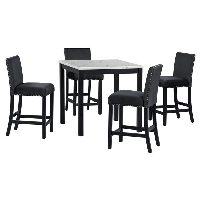 VYNXARIA 5-Piece Metal Dinette Set with Laminated Off-white Faux Marble Top, 4 Black Chairs
