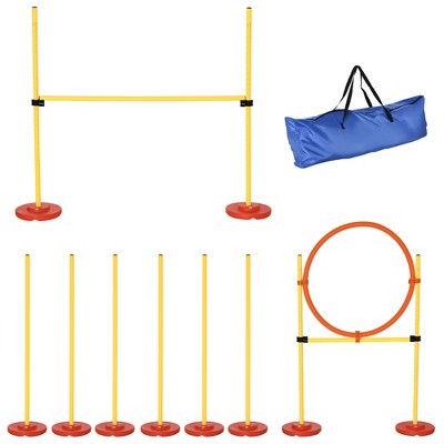 PawHut 3PCs Dog Agility Training Equipment, Outdoor Obstacle Course Starter Kit with Hoop, Hurdle, Weave Poles and Carrying Bag