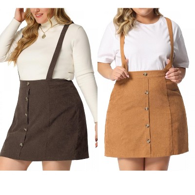 Agnes Orinda Women's Plus Size Button Up Flare Corduroy Suspender Elastic Back A-Line Mini Skirt