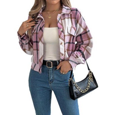 Coolmee Women's Fashion Cropped Shacket Button Down Shacket Jackets Casual Plaid Long Sleeve Crop Jackets Tops