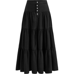 Women's Tiered Denim Maxi Skirt - High Waisted Button Down Long Jean Skirt Black - 1 of 4