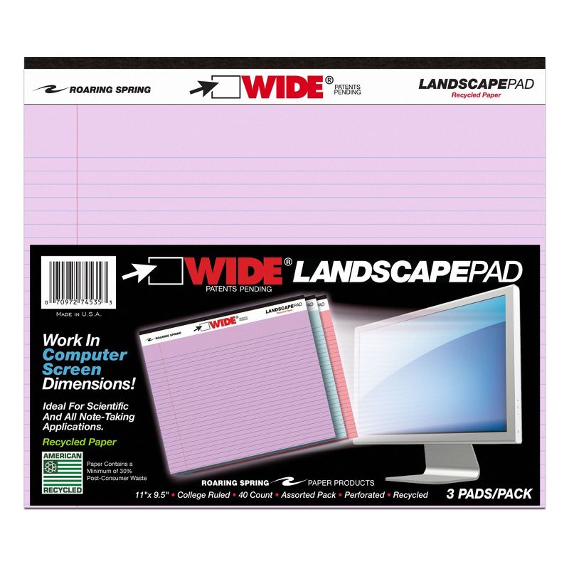 Roaring Spring Paper Products Legal Pad, Landscape, Orchid/Blue/Pink, 3 Per Pack, 2 Packs, 2 of 3