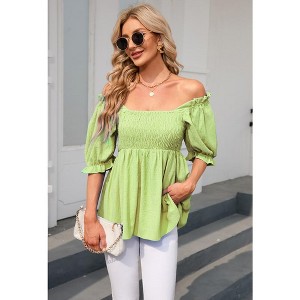YesFashion Women's Summer Short Sleeve Smocked Peplum Blouses Square Neck Ruffle Hem Babydoll Tunic Crop Tops - 1 of 4