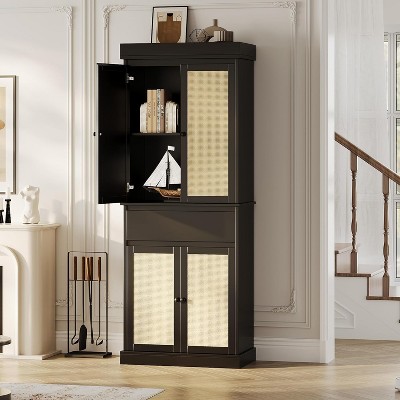 Garvee 69" Rustic Pantry Cabinet with Rattan Doors, Adjustable Shelves & Drawer – Moisture-Resistant Engineered Wood Storage