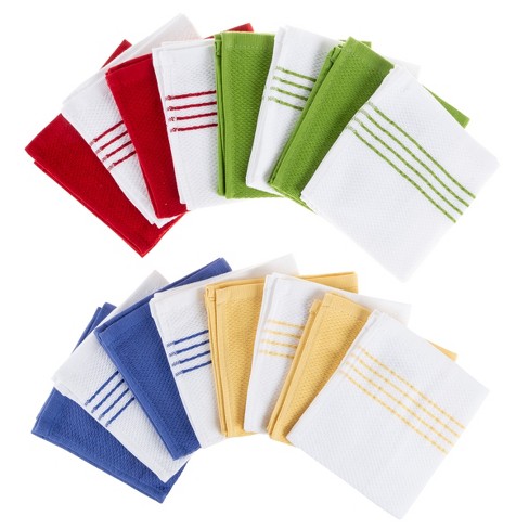 Kitchen Dish Cloth-Set of 16- 12.5x12.5-Absorbent 100% Cotton Wash  Cloths-Vintage Striped in 4 Colors & 4 Solid Dishcloths by Hastings Home