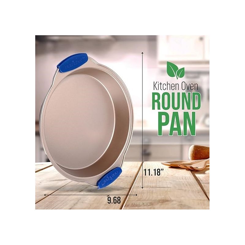 NutriChef Non-Stick Round Pan - Deluxe Nonstick Gold Coating Inside & Outside with Blue Silicone Handles, 2 of 7