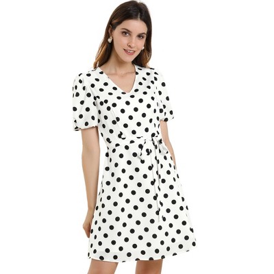 INSPIRE CHIC Women's V Neck Puff Sleeve Tie Waist Vintage Dress