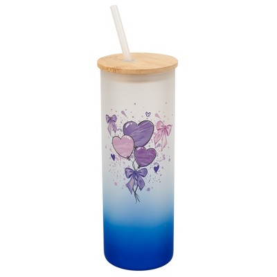 Elanze Designs 25 Ounce Frosted Glass Gradient Travel Tumbler With Straw and Wooden Lid, Heart Balloons Navy Blue