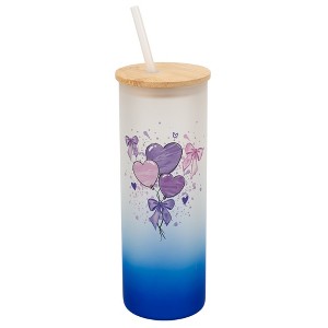 Elanze Designs 25 Ounce Frosted Glass Gradient Travel Tumbler With Straw and Wooden Lid, Heart Balloons Navy Blue - 1 of 1