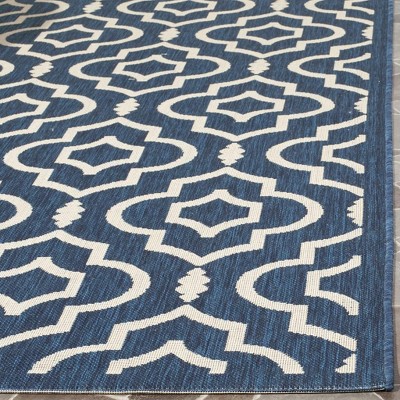 Navy and Beige Geometric Low Pile Outdoor Area Rug