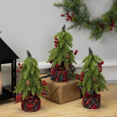 Mini Pine Artificial Christmas Trees with Pine Cones and Red Berries - Set of 3
