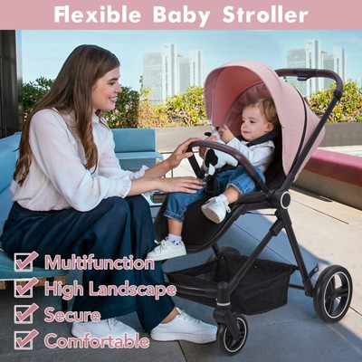 Pink Foldable Aluminum Baby Stroller with Adjustable Canopy