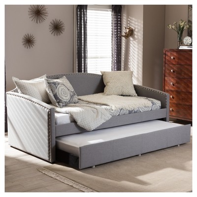 Gray Twin Linen Nailhead Trim Sleeper Daybed with Trundle