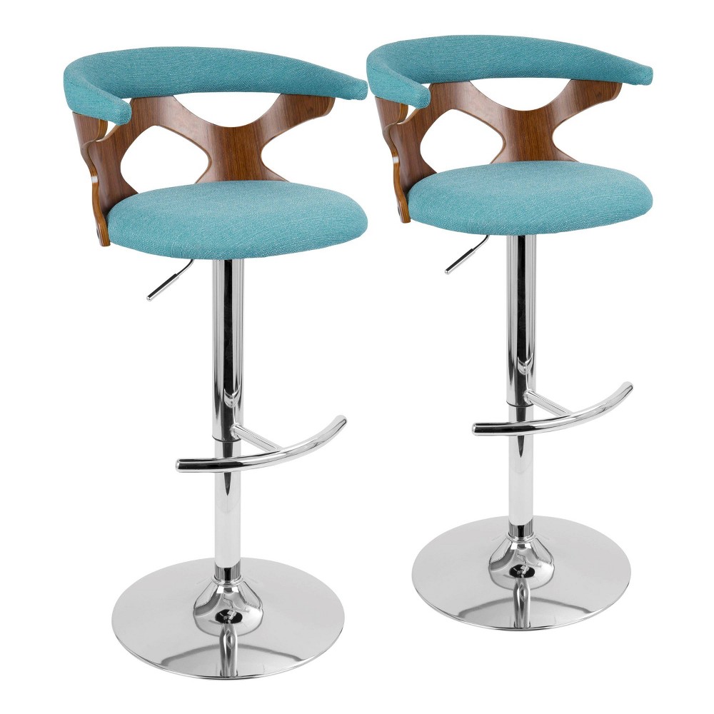 Set of 2 Gardenia Mid-Century Modern Adjustable Barstools Teal: Swivel, Upholstered, Metal Legs - LumiSource